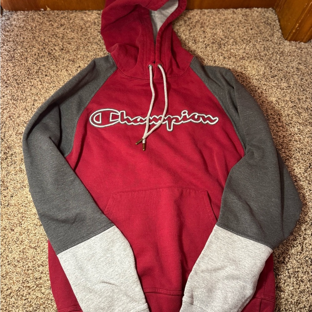 Champion Men's Red and Gray Hoodie Sweater